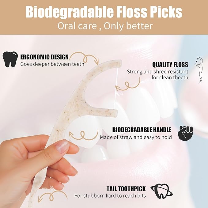 Biodegradable Dental Floss Picks 300 Count, Vegan Plant Based Handle,Eco Friendly Tooth Flossers Toothpick Soft Cleaning for Kids and Adult on Gums(300)