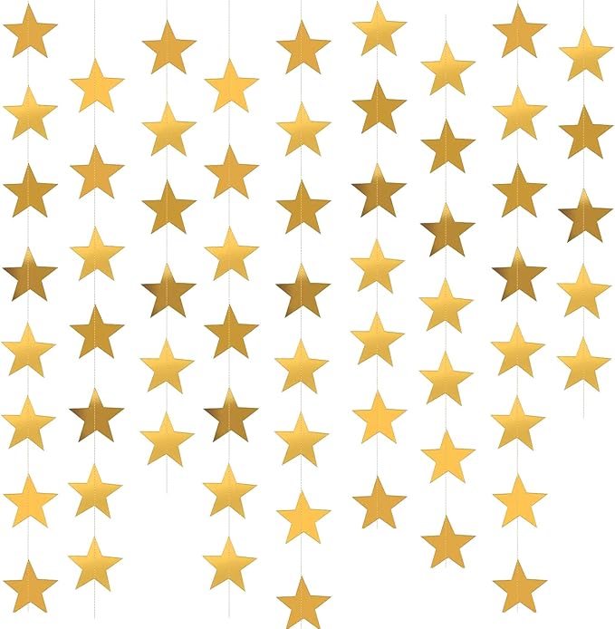Yzurbu Gold Star Garland, 78 Feet Double Side Hanging Sparkly Paper Star Banner Decorations for Birthday Wedding Engagement Baby Shower Christmas Holiday Party