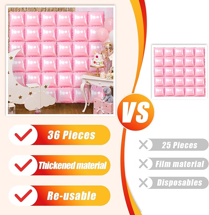 36 Piece XL Hot Pink Square Foil Balloon Wall Screen Double Sided Square Balloon Screen Tunnel Arch Kit Mylar Square Balloons for Baby Shower Graduation Engagement Wedding Birthday Party Decorations