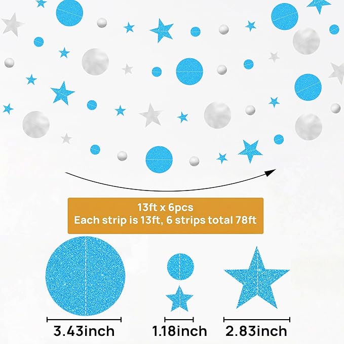 JOYIT 78ft Blue & Silver Glitter Garland – 6 Pack Twinkle Star & Circle Party Decorations for Birthday, Baby Shower, Wedding, Graduation, Space Themed Events & Holiday Backdrops (Star & Circle)