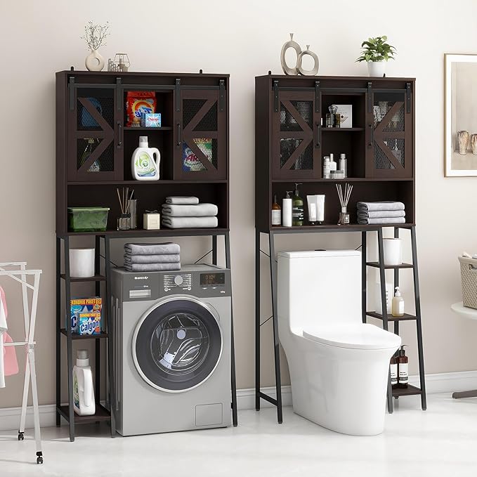 Over The Toilet Storage Cabinet, Farmhouse Storage Cabinet Over Toilet with Sliding Barn Door，Home Space-Saving Toilet Rack, for Bathroom, Restroom, Laundry(Espresso)