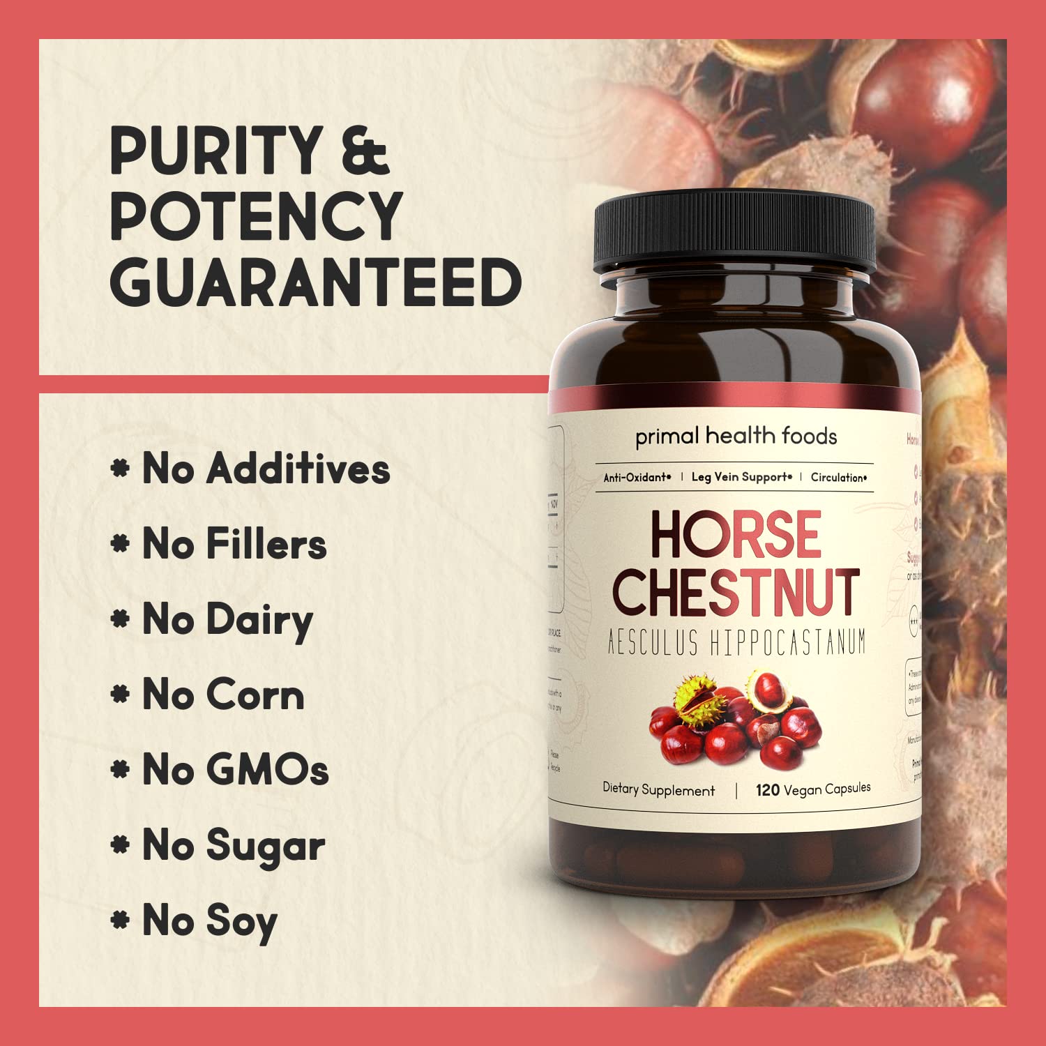 Primal Health Foods Horse Chestnut Extract 500 mg 120 Servings | Varicose Veins and Blood Vein Health | Vegetarian, Non-GMO & Gluten Free