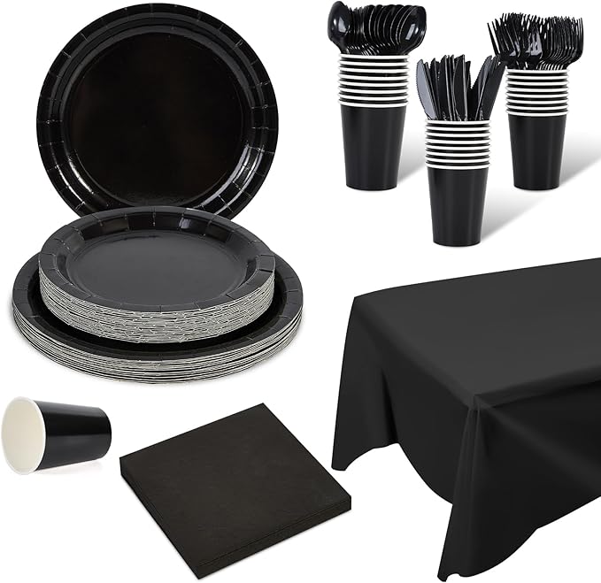 Ottin 169PCS Black Christmas Party Supplies for 24 Guests – Disposable Paper Plates, Napkins, Cups, Forks, Knives, Spoons & Tablecloth for Birthday, Wedding, Thanksgiving, Christmas, New Year