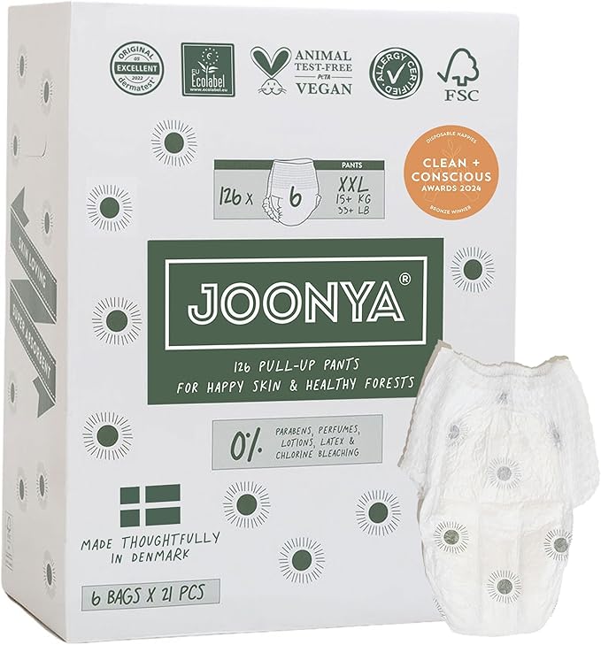 Joonya Pull-Up Pants Baby Diapers, Size 6 XXL (33+ lb) - 6 Bags of 21 (126) - NonToxic, Eco-Friendly, Ultra Slim, Overnight Use - Made in Denmark