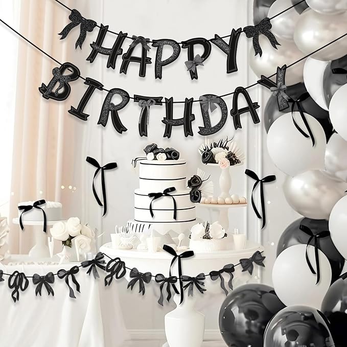 Pre-strung Black Bow Birthday Decorations, Black Coquette Party Decorations, Bow Party Supplies Include Happy Birthday Banner, Bow Garland Banner for Girls