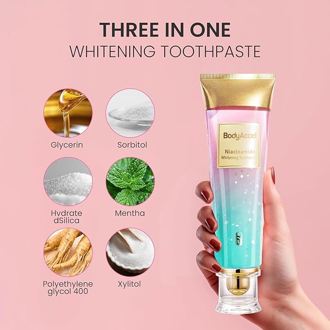 3 Pack Niacinamide Whitening Toothpaste, BodyAccel Triple Whitening Niacinamide Toothpaste, Brightens and Whitens Teeth, Stain Removal Natural Gentle, Fresh Breath