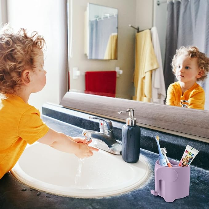 RyanLemon Elephant Toothbrush Holder for Toddler, Suction Cup Cute Toothbrush Holder for Kids, for Bathroom, with 3 Slots and 1 Hook, Light Purple
