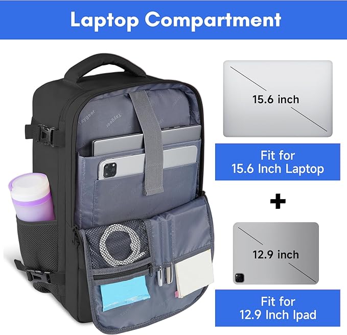 Taygeer Travel Laptop Backpack for Men Women, Airplane Approved Travel Backpack Suitcase with Water Bottle Pocket, Lightweight College 35l Luggage Bag 15.6inch Laptop Mochila Gifts for Business,Black
