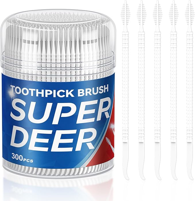 Super Deer 300Count Brushpicks Interdental Toothpicks,Soft Bristle Dental Floss Picks Toothpicks,Helps Removes Plaque and Debris Between Your Teeth (1)