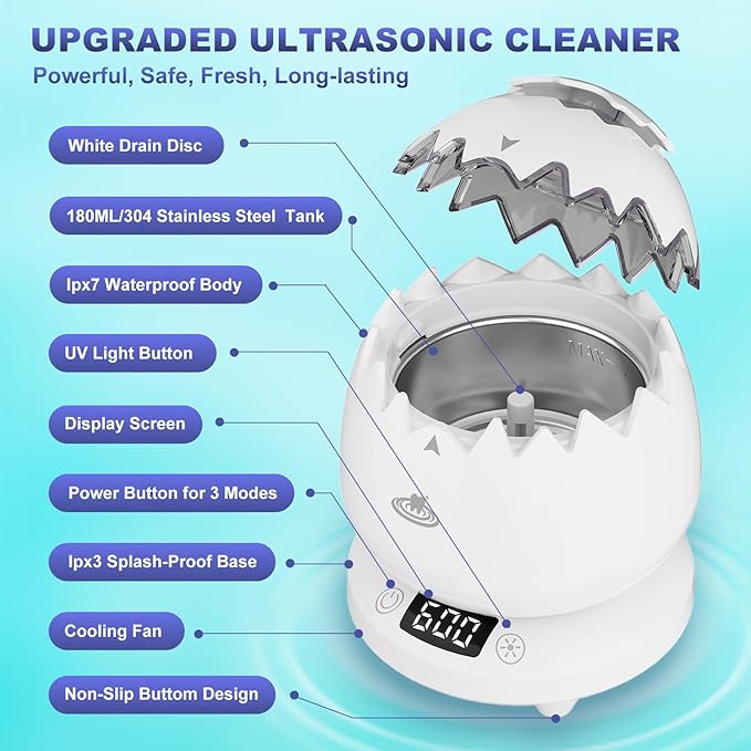 Ultrasonic Retainer Cleaner, 45kHz Denture Cleaner Machine, 4 Cleaning Modes, Removable Base, Dental Cleaning Pod for Mouth Guard/Night Guard/Braces/Aligner/Jewelry