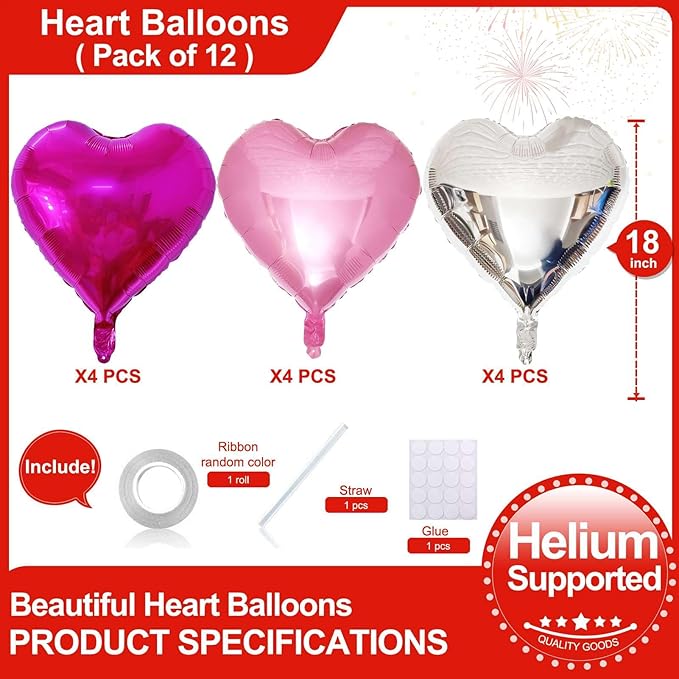 Lovoir 12 Pcs Pink Heart Shape Foil Mylar Balloons 18 Inch Love Balloons for Valentine's Day Birthday Party Decorations Wedding Engagement Romantic Decor (Pearl Pink & Silver & Hot Pink)