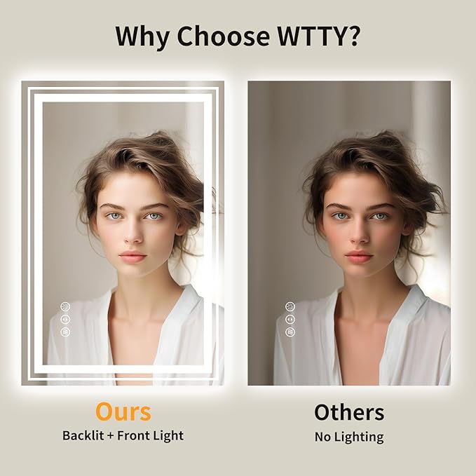 WTTY LED Bathroom Mirror, 24 x 32 with Backlit and Front Light,Stepless Dimmable LED Mirror for Bathroom,Anti-Fog Lighted Bathroom Vanity Mirror Modern for Wall,Memory Function,Shatter-Proof