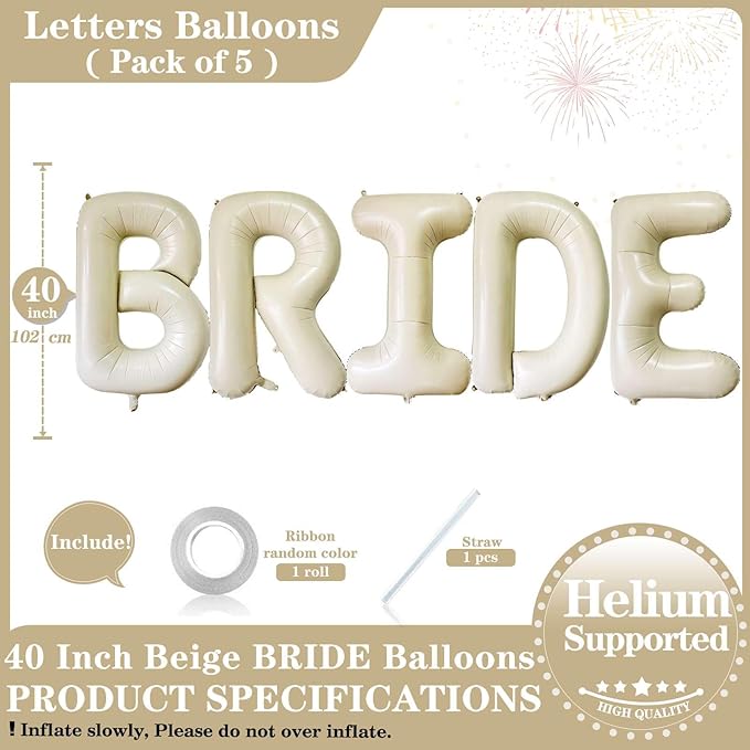 40 Inch Beige BRIDE Balloons, Giant Cream White Letters BRIDE Balloons Foil Mylar Helium White Letter Balloons for Bridal Shower Party Supplies Wedding Engagement Decorations Alphabet White BRIDE
