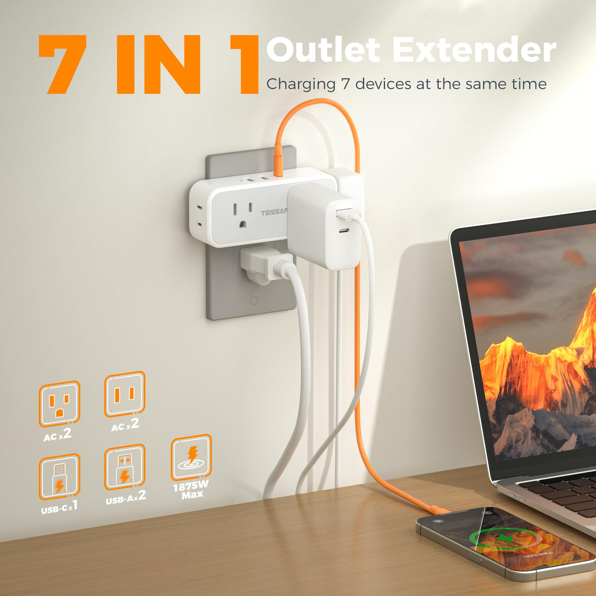 Surge Protector Outlet Extender, TESSAN Multi Plug Splitter with 4 Electrical Outlets 3 USB Ports(1 USB C), Multiple Plug Mini Wall Expander for Home Bathroom Office Dorm Room Essentials