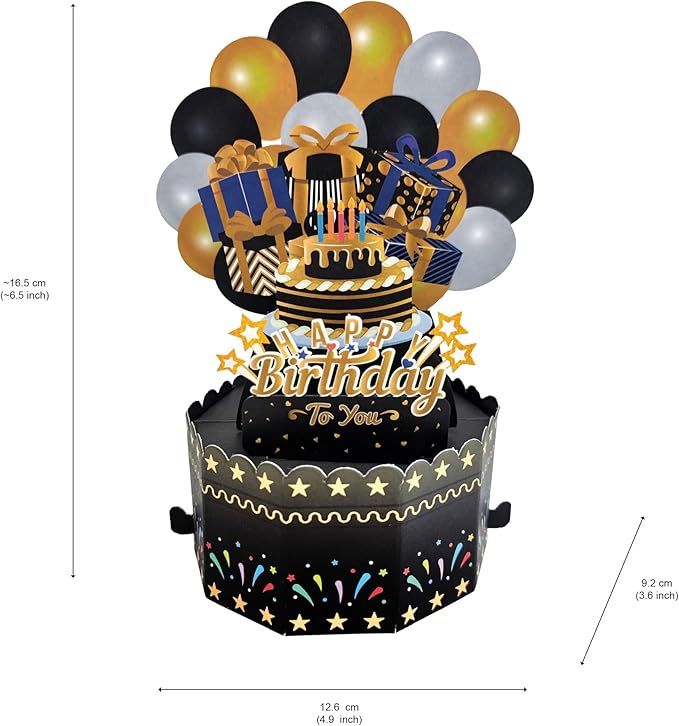 Birthday Cards 3D Popup Birthday Greeting Cards - Birthday Greeting Card for Girls, Boys Men and Women All Ages, with Blank Note and Envelope Included (Black Gold)