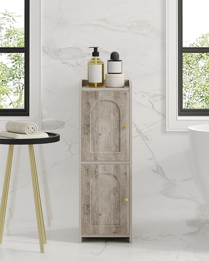 Bathroom Storage Cabinet, Corner Floor Cabinet with 2 Doors and Adjustable Shelf, Narrow Toilet Paper Cabinets, Bathroom Organizer for Small Spaces, 7.9" D x 9.8" W x 29.5" H Greige