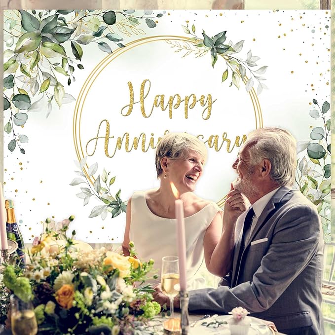 Sensfun 10x7ft Happy Anniversary Backdrop Sage Green Eucalyptus Wedding Anniversary Party Decorations Greenery Marriage Memorial Day Cheers to 10 Years 25th 40th 50th Wedding Day Banner