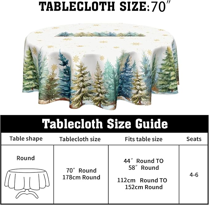 Christmas Round Tablecloth 70 Inch Xmas Tree and Snowflake Pattern White Table Cloth Circle Winter Holiday Table Cover Washable Polyester Indoor Decor for Home Kitchen Dinning Party
