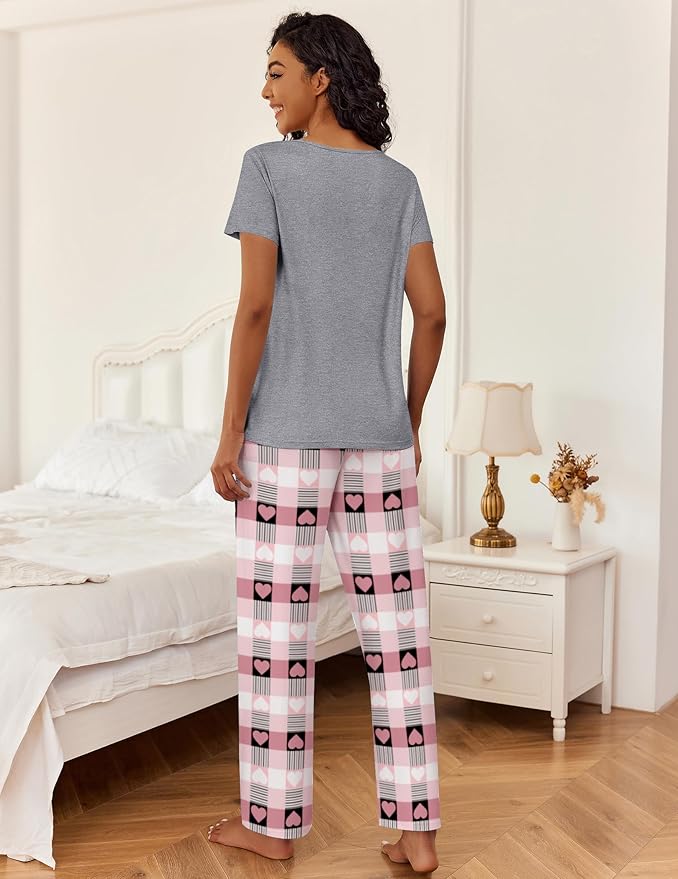 Ekouaer 2 Piece Womens Pajamas V Neck Short Sleeve Top and Long Pants Pjs Print Lounge Set Sleepwear