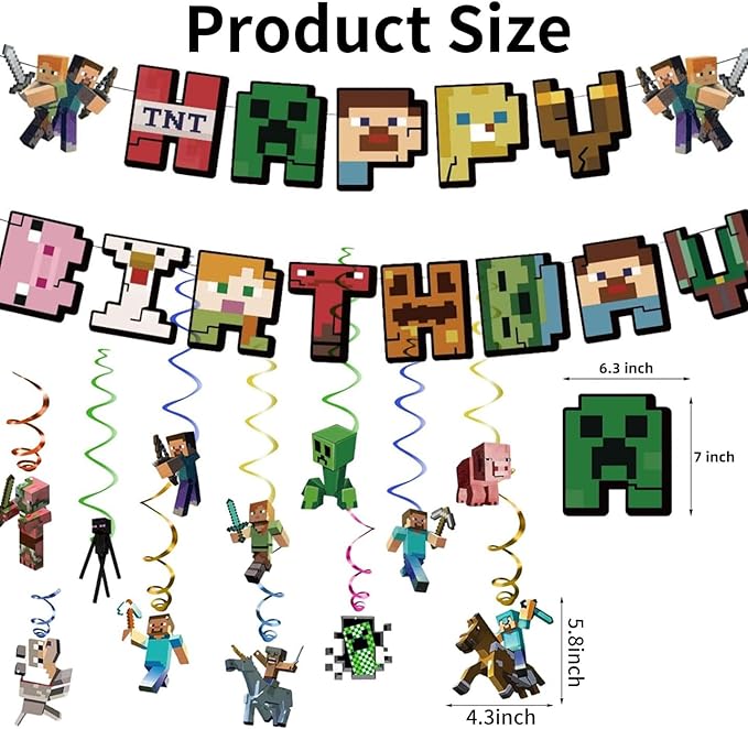 13 Pcs Pixel Game Theme Happy Birthday Decorations, Includes Happy Birthday Banner & Spiral Hanging Decorations, Ideal for Game Theme Birthday Party Decorations