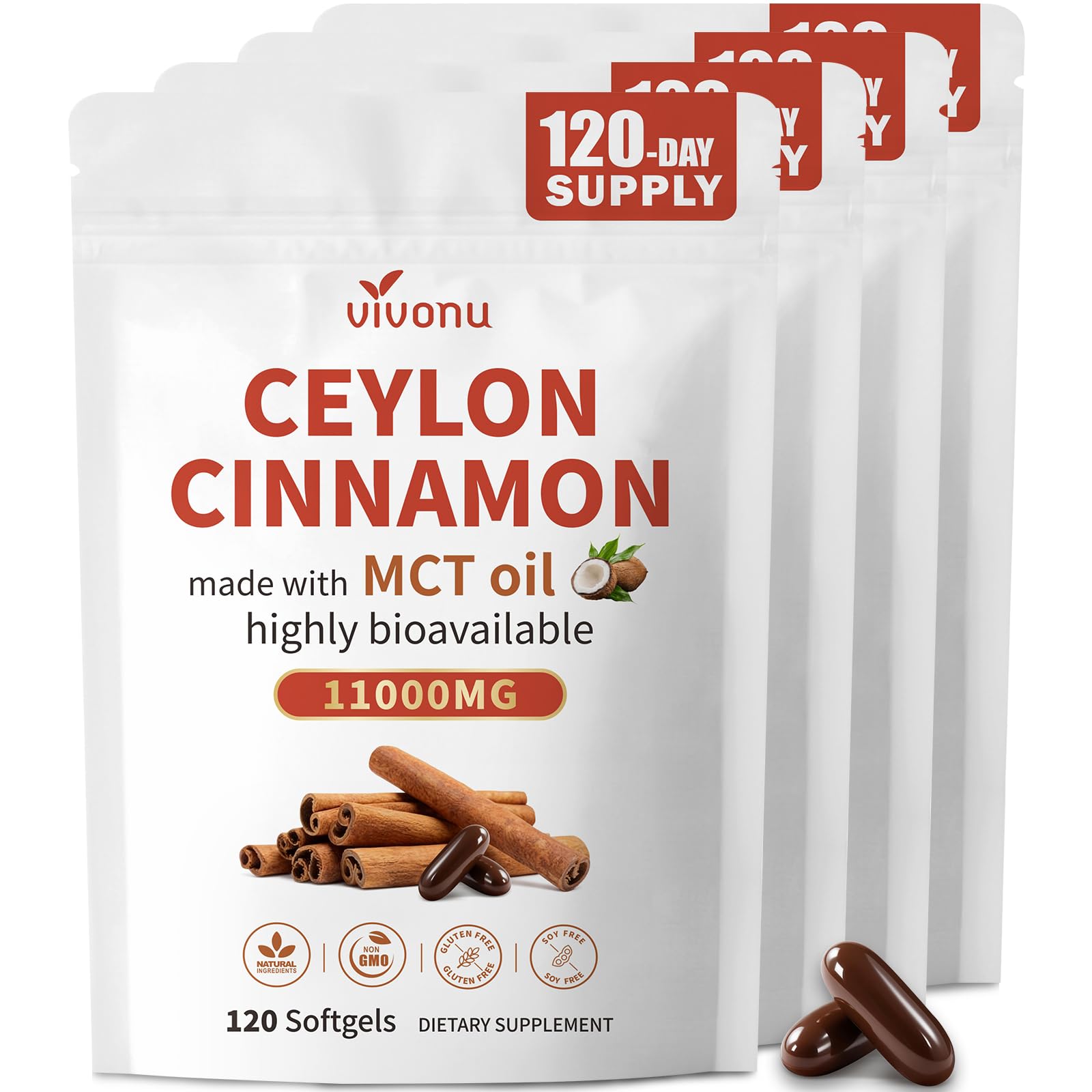 VivoNu 2-in-1 Organic Ceylon Cinnamon with MCT Oil Supplements Softgels, 480 Day Supply, Liposome Highly Bioavailable Extract, Energy & Metabolism Support, Non-GMO, Gluten Free, 480 Softgels, 4 Bag