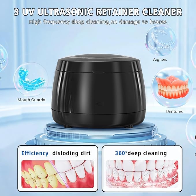 Ultrasonic Retainer Cleaner, 43kHz Ultrasonic Denture Cleaner Jewelry Cleaning Machine Eyeglass Cleaner for Watches Dentures Ring Razor Makeup Brush