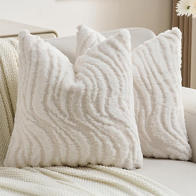FUTEI White Decorative Throw Pillow Covers 16x16 Inch Set of 2,Soft Faux Fur Geometric Shapes Texture Cushion Case,Boho Home Decor for Couch Bed Living Room
