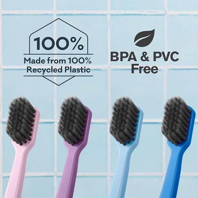 Grin Charcoal-Infused 100% Recycled Toothbrush, Medium, 4 Count (Pack of 2), Purple, Suitable for Sensitive Teeth and Gums