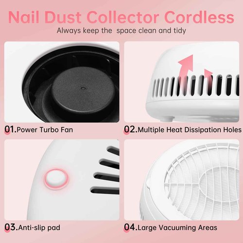CHRISTINE SHELLY Nail Dust Collector, Cordless Dust Collector Nail Tech, Powerful 4200RPM Vacuum Fan Vent Dust Collector Extractor Dust Suction Machine for Acrylic Nails Polishing, Nail Salon&Home
