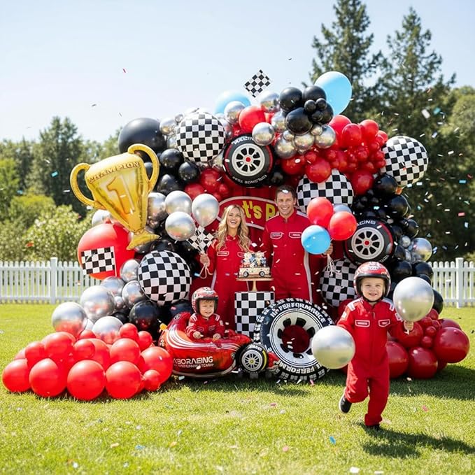 Race Car Balloons Arch Kit -Trophy, Flags, Cars, Tire, Checkered, Wheels and Red Black Silver Balloon Garland Kit for Racing Car Theme Two Fast 2nd Boy Birthday Anniversary Party Decorations