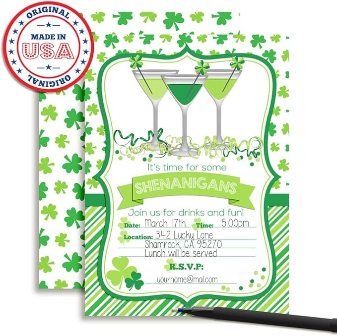 Amanda Creation St. Patrick's Day Shenanigans Party Fill in Invitations set of 20 with envelopes