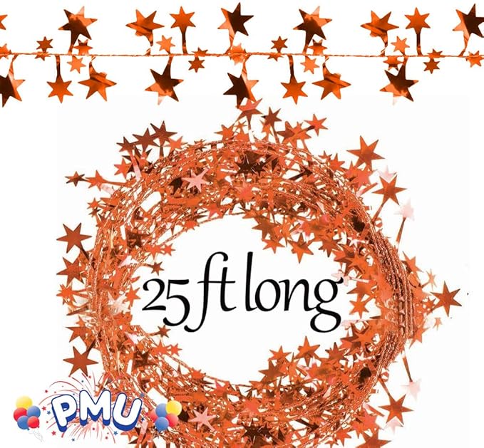 PMU 75 Ft Star Wire Shiny Garland Orange Star - Halloween, Christmas Party, Wedding, Birthday, Festive Home Decoration Ornament Orange Star (3pc-25Ft Each)