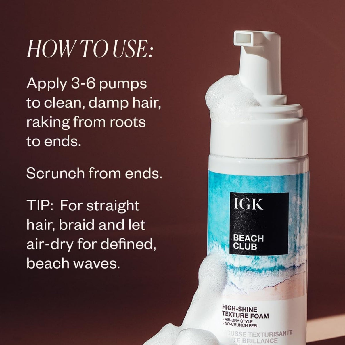 IGK Beach Club High-Shine Texture Foam – Salt-Free Hair Mousse for Beach Waves – Air-Dry Styling Foam for Wavy, Curly & Straight Hair – Anti-Frizz with UV Protection – Vegan, 5 Oz