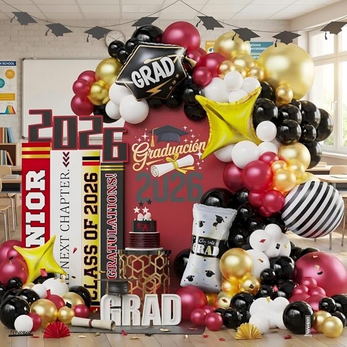 Graduation Balloon Garland Arch Kit 2026, 150Pcs Burgundy Black Gold White Balloons for Class of 2026 Celebration Graduation Party Decorations, Congrats Grad Backdrop Decor