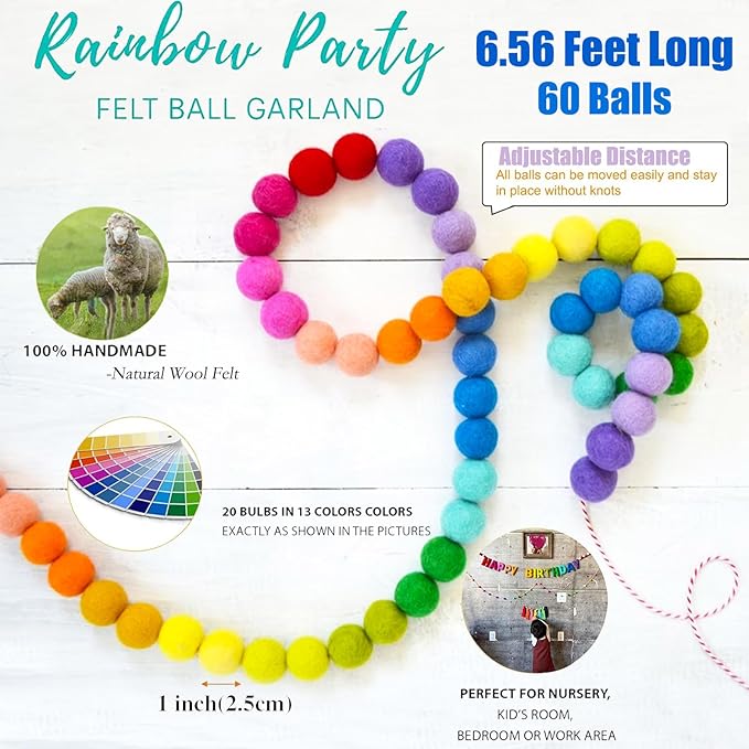 Colorful Wool Felt Ball Banner Garland, Handmade Rainbow Pom Pom Garland for Mantle, Wall, Table Centerpiece | Spring Decorations for Birthday, Christmas Home Kids Playroom Decor 6.56 Ft 60 Balls