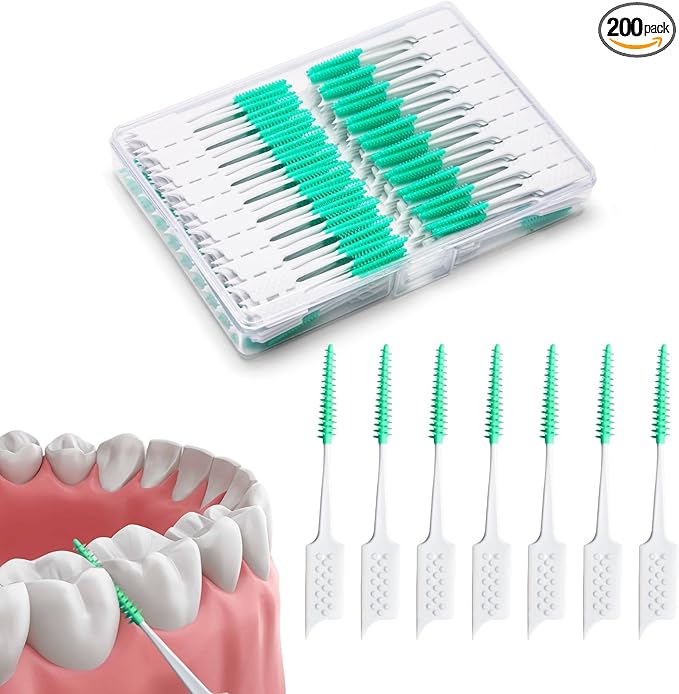 200 Pieces Interdental Brushes,Braces Brush with Silicone Head,Dental Tooth Flossing Toothpick Cleaners Tooth Tool (200PCS Green)