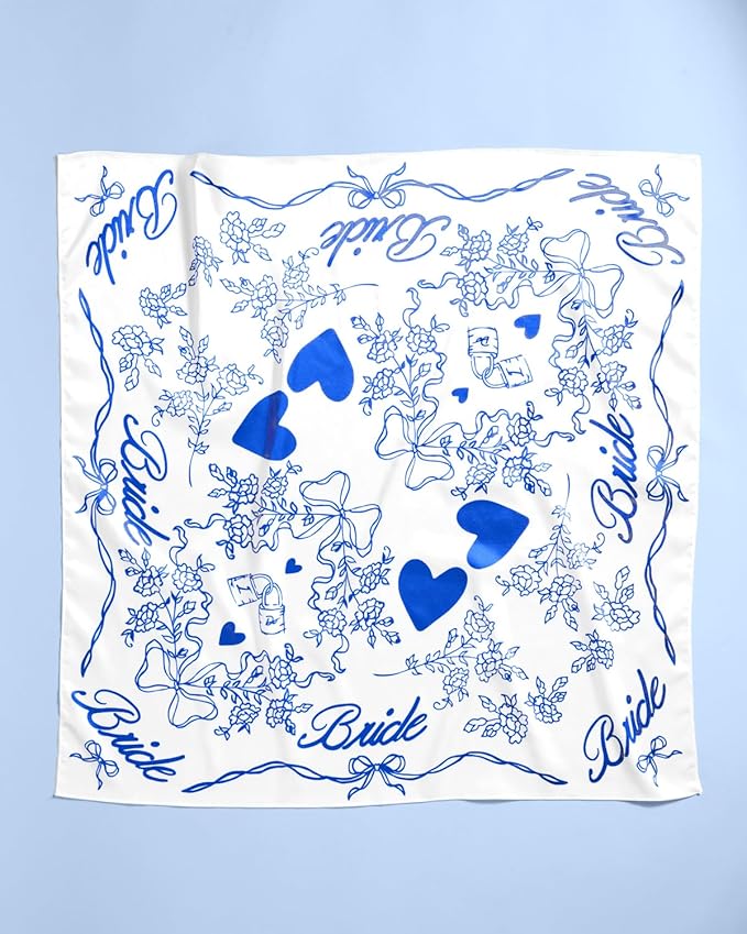 xo, Fetti Bride Head Scarf, 27x27 in | Bachelorette Bandana, Bridal Headwear, Bach Party Accessory, Bridesmaid Gift, White Wedding Handkerchief, Something Blue Silk Hat