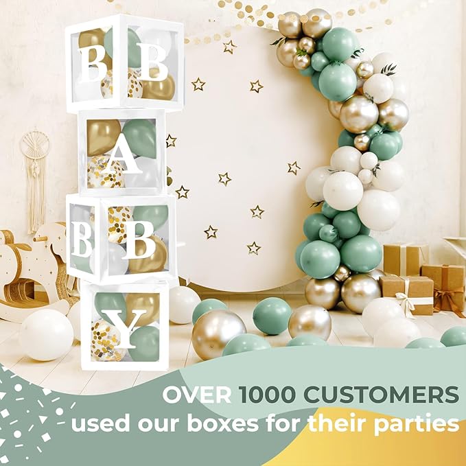 Baby Shower Boxes with Letters – White Boxes with Sage-Green, Gold, Gold Confetti, and White Balloons – 44-Piece Gender Reveal & Party Decoration Set by Vellax