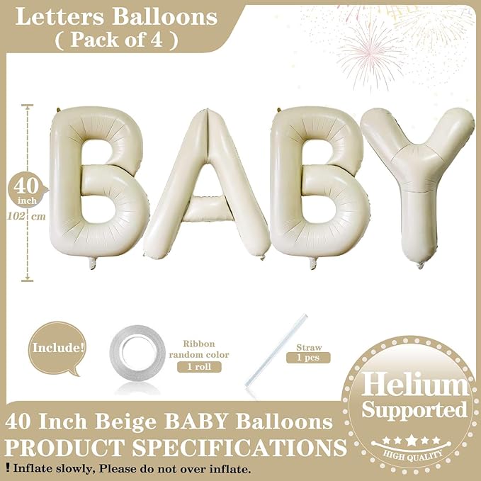 40 Inch Beige BABY Balloons, Large Cream White Letters BABY Balloons Foil Mylar Helium White Letters Balloons for Baby Shower Party Supplies Celebration Decorations Alphabet White BABY