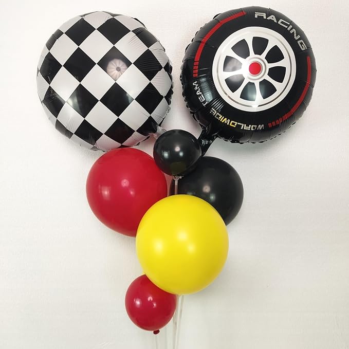 128pcs Race Car Balloon Arch Kit, With Red Black Yellow Balloons Large Foil Tire Balloon and Race Car Foil Fringe Curtains Backdrop for One Two Fast Birthday Party Decorations for Boys