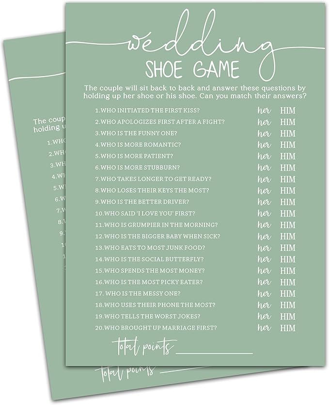 Wedding Shoe Game Cards, Sea Green Bridal Shower Games, 30 Elegant Wedding Game for Bachelorette Engagement Party Supplies Favors - A06