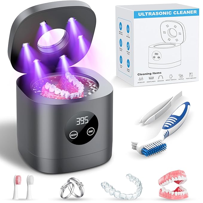 TEBAL Ultrasonic Retainer Cleaner Machine, 52kHz Ultrasonic Denture Cleaner for Night Guards, Braces, Toothbrush Heads, Jewelry and More, Ultrasonic Cleaner for Retainers with 250ML Capacity, Black