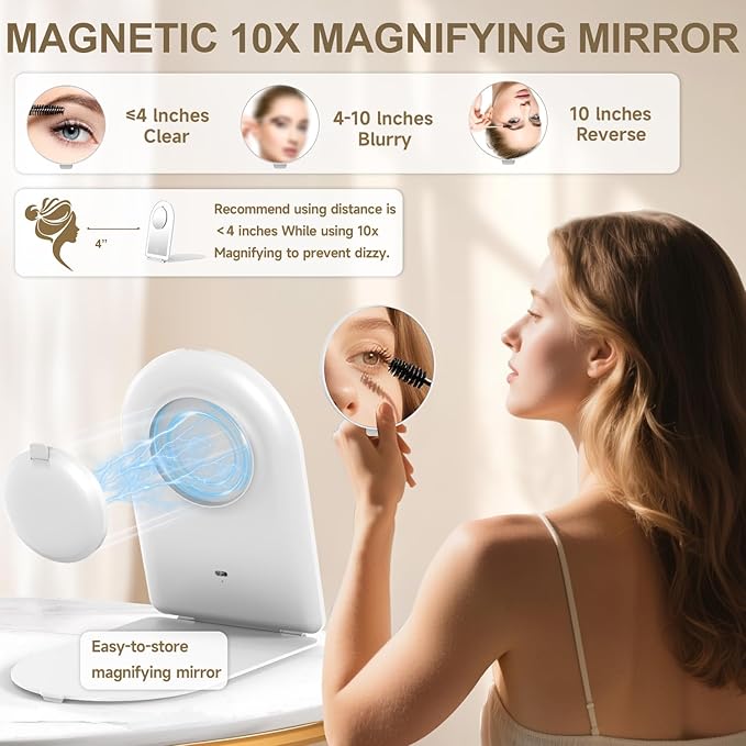 Mocado Travel Makeup Mirror with Light, 1x/10x Magnifying Mirror with Light, 3 Colors Lighted Magnifying Mirror, 2000mAh Rechargeable Lighted Makeup Mirror, Memory Function (Arched-White)