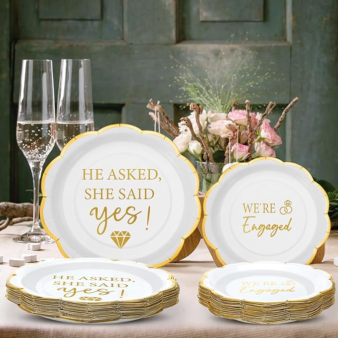 Yungyan 50 Pack Engagement Paper Plates White and Gold Engagement Party Decorations 7" 9" Gilded Edge He Asked She Said Yes We're Engaged Plates for Wedding Birthday Party Bridal Shower Supplies