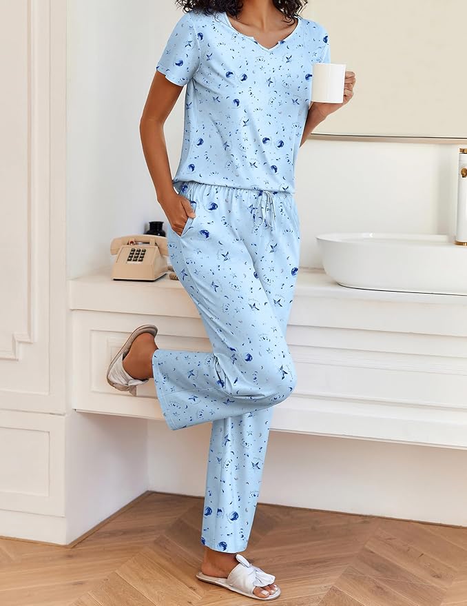 Ekouaer 2 Piece Womens Pajamas V Neck Short Sleeve Top and Long Pants Pjs Print Lounge Set Sleepwear