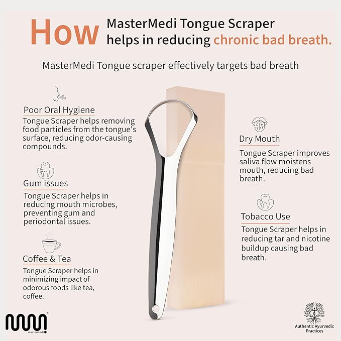 MasterMedi Tongue Scraper for Adults, 100% Stainless Steel Tongue Scrubber for Bad Breath, Easy to Use, Tongue Cleaner for Oral Care & Hygiene (SPTC-1|with Case)