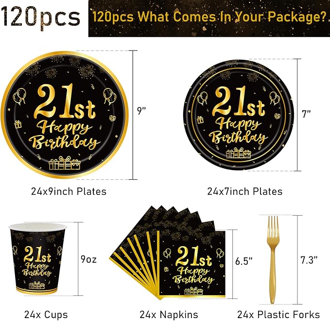 120Pcs 21st Birthday Party Supplies Plates Napkins Cups Forks Tableware Set Gold Black Happy 21st Birthday Themed Disposable Tableware Decoration Serves 24 Guests for Him Men 21 Years Old