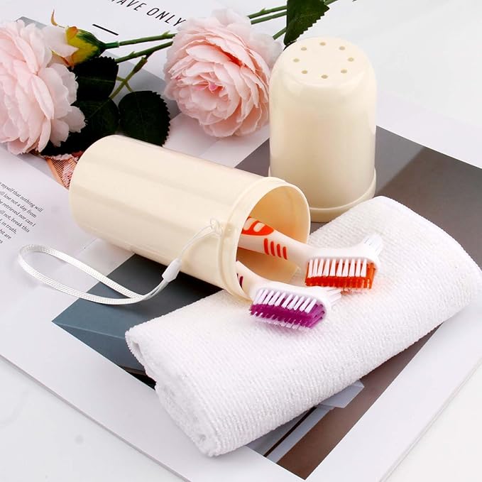 Denture Cleaning Brush Set,Unique Anti-mold Perforated Breathable Cover Denture Cleaning Brush Set with 1 White Carrying Case, Multi-Layered Bristles Ergonomic Rubber Handle for Denture Toothbrush (2)