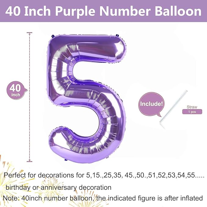 Purple Number Balloons, 40 Inch Purple Balloon 5.5 Helium Balloon 5th Birthday for 5 Years Birthday Decoration Children Girls Boys