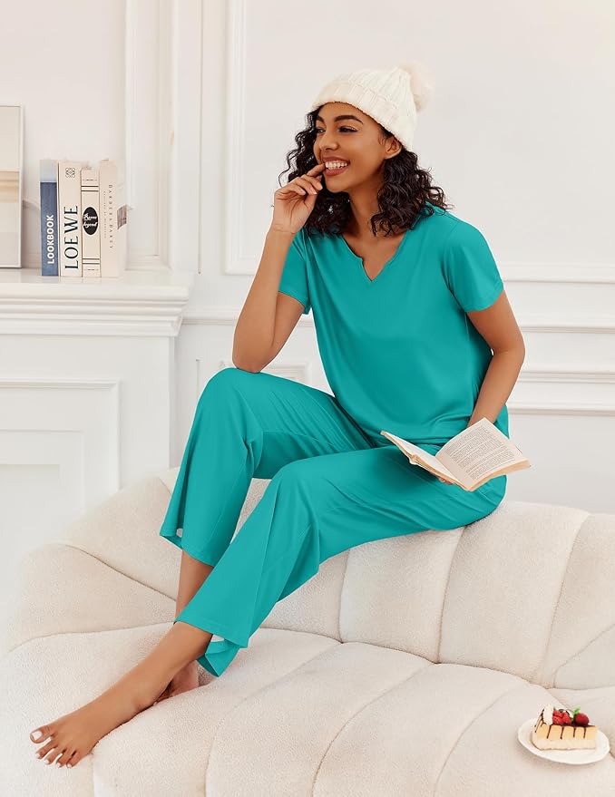 Ekouaer 2 Piece Womens Pajamas V Neck Short Sleeve Top and Long Pants Pjs Print Lounge Set Sleepwear